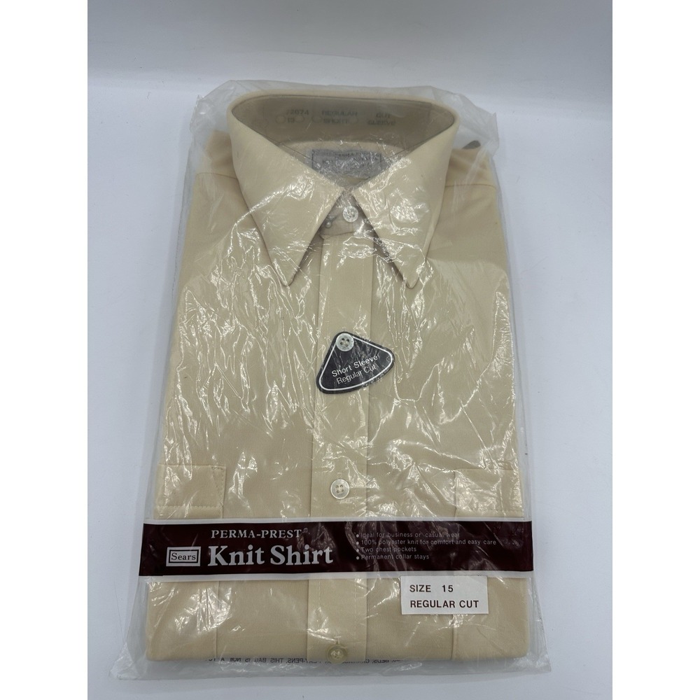 Vintage 70s Sears Perma Prest Knit Shirt Mens 15 Beige NOS Short Sleeve